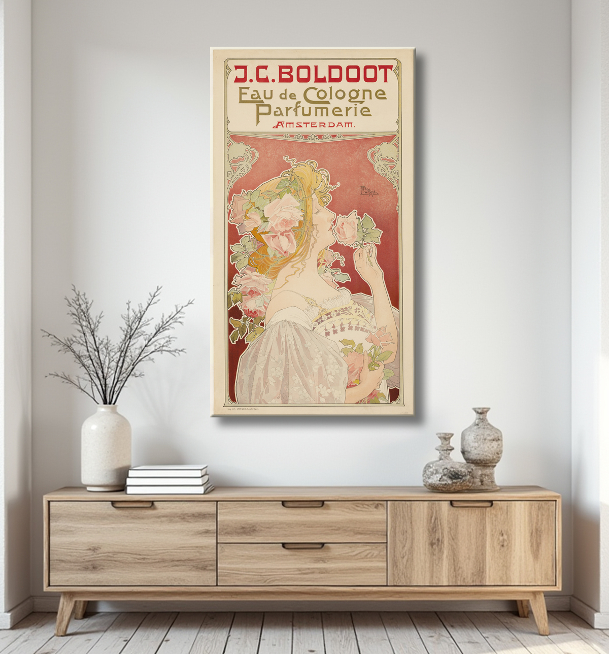 Reproduction J.C. Boldoot Eau de Cologne: Parfumerie Amsterdam de Privat-Livemont avec decor