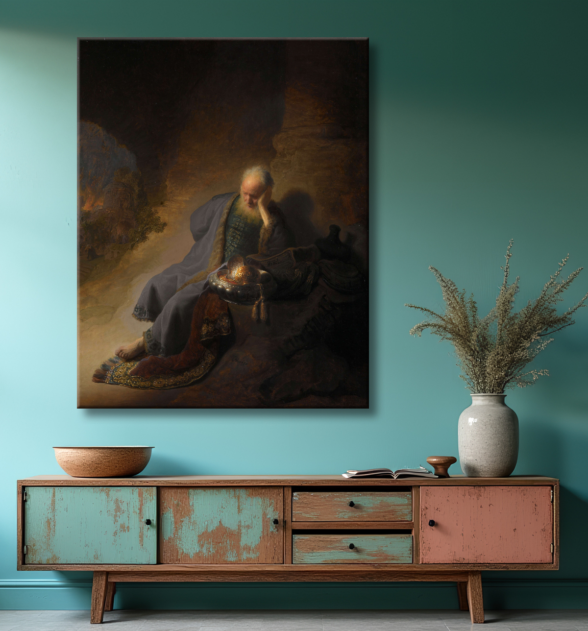 Reproduction Jérémie déplorant la destruction de Jérusalem de Rembrandt van Rijn avec decor