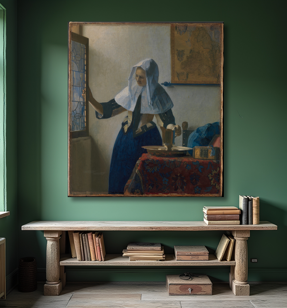 Reproduction Jeune femme à l'aiguière de Johannes Vermeer avec decor