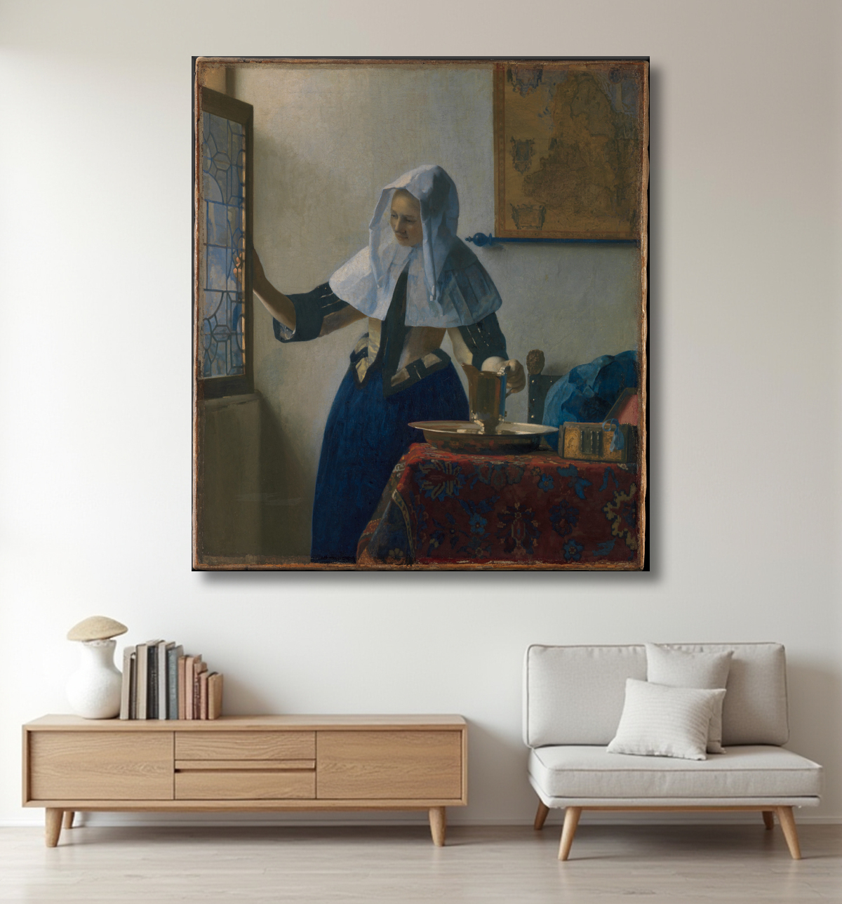 Reproduction Jeune femme à l'aiguière de Johannes Vermeer avec decor