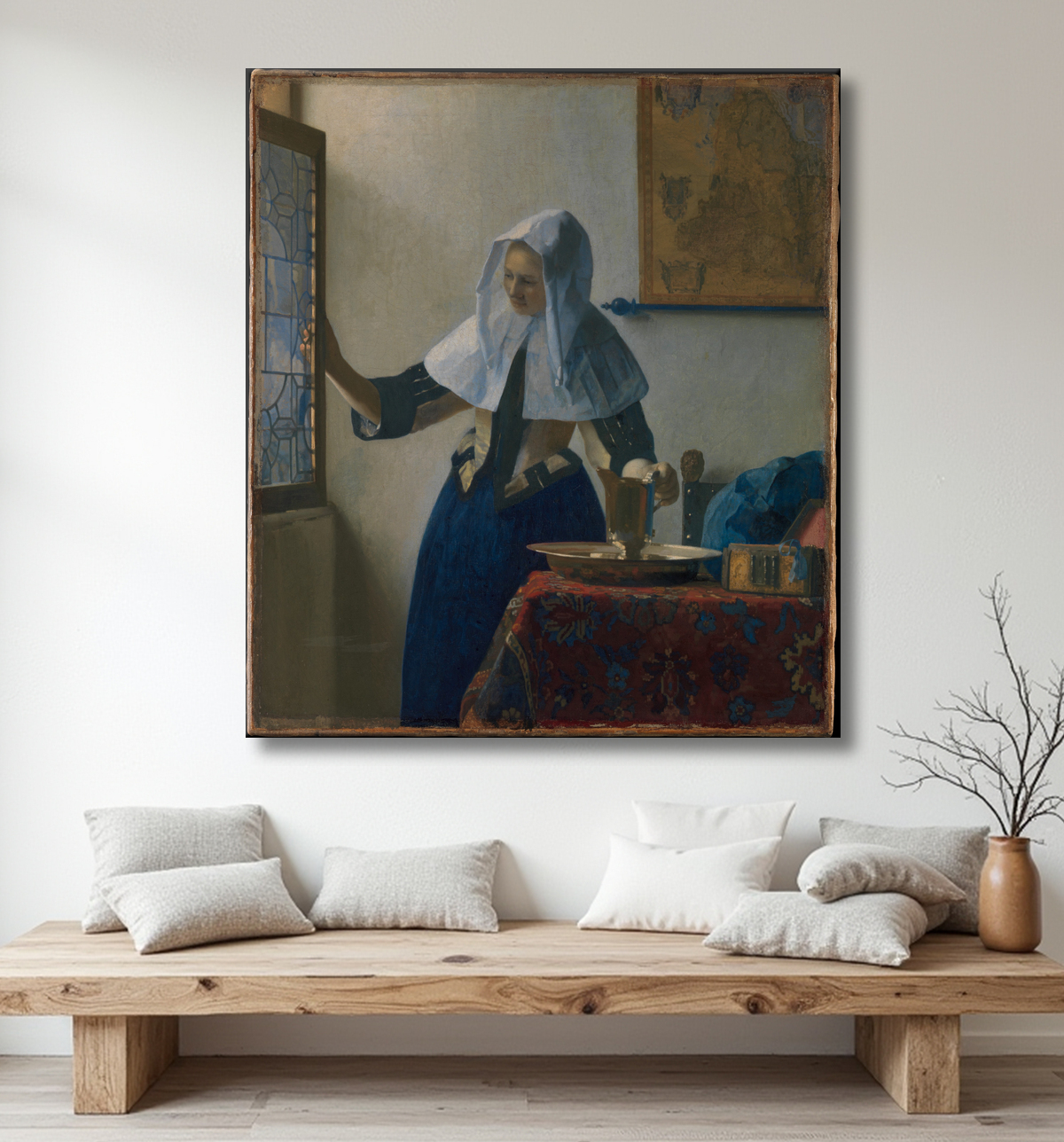 Reproduction Jeune femme à l'aiguière de Johannes Vermeer avec decor