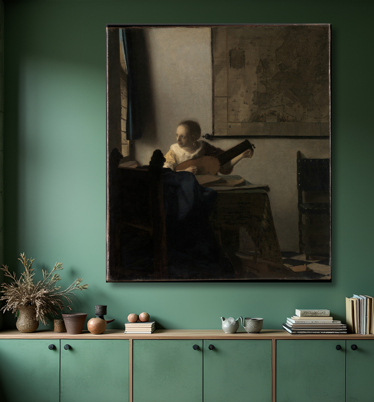 Reproduction Jeune femme au luth de Johannes Vermeer avec decor