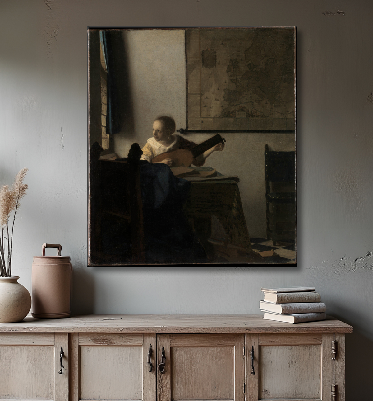 Reproduction Jeune femme au luth de Johannes Vermeer avec decor