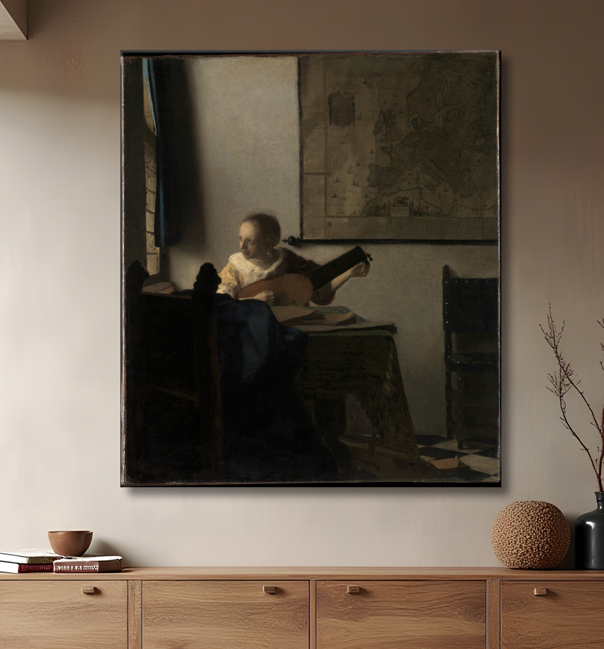 Reproduction Jeune femme au luth de Johannes Vermeer avec decor