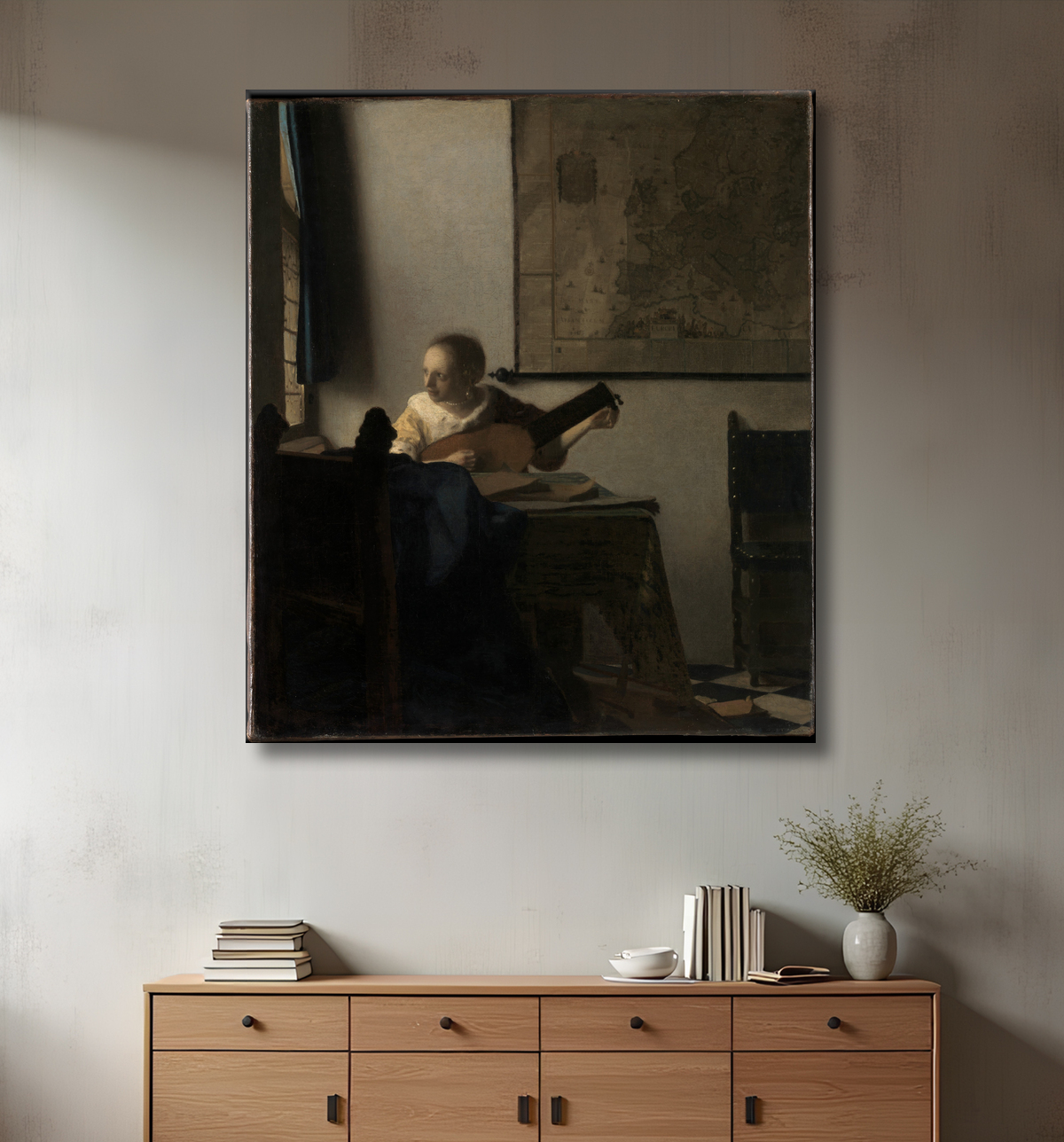Reproduction Jeune femme au luth de Johannes Vermeer avec decor