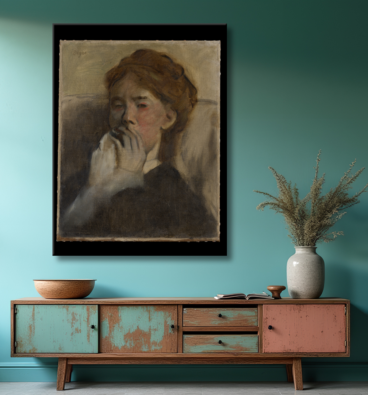 Reproduction Jeune femme avec sa main sur sa bouche de Edgar Degas avec decor
