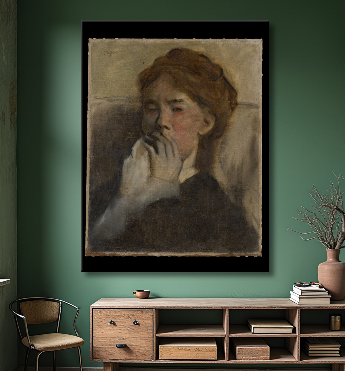 Reproduction Jeune femme avec sa main sur sa bouche de Edgar Degas avec decor
