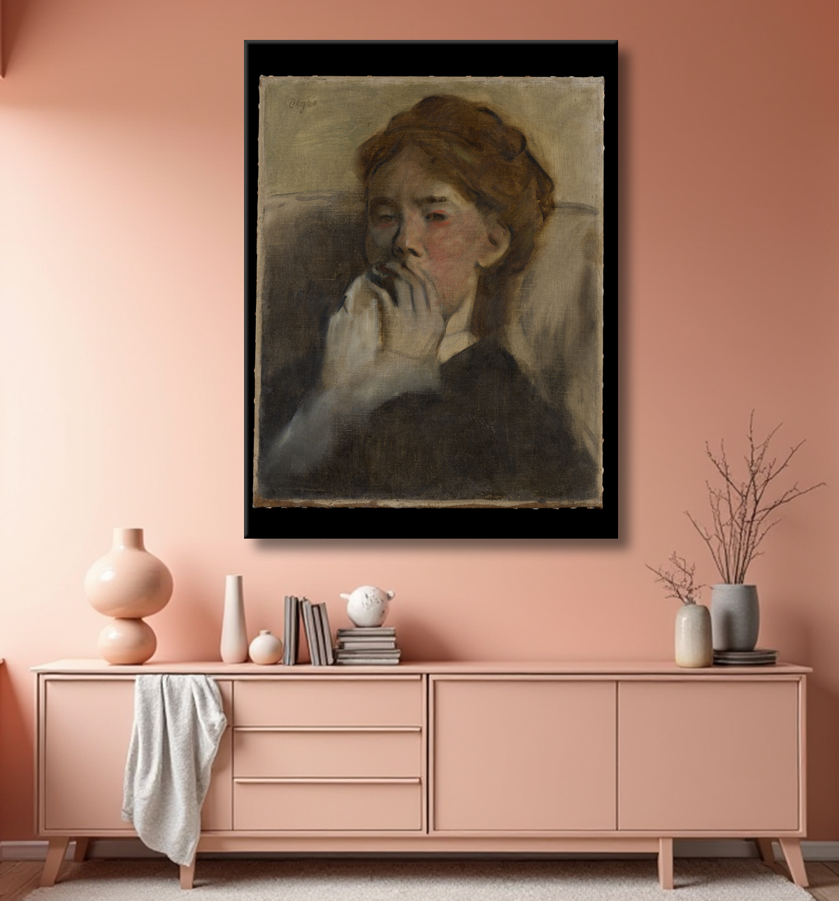 Reproduction Jeune femme avec sa main sur sa bouche de Edgar Degas avec decor