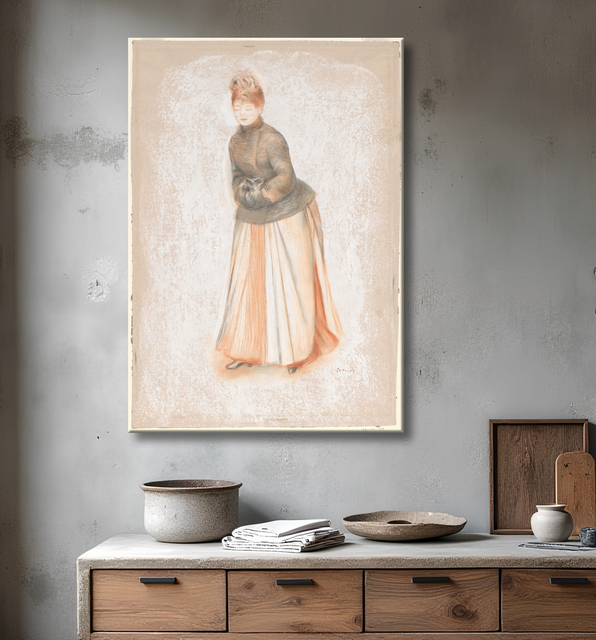 Reproduction Jeune femme avec un manchon de Auguste Renoir avec decor