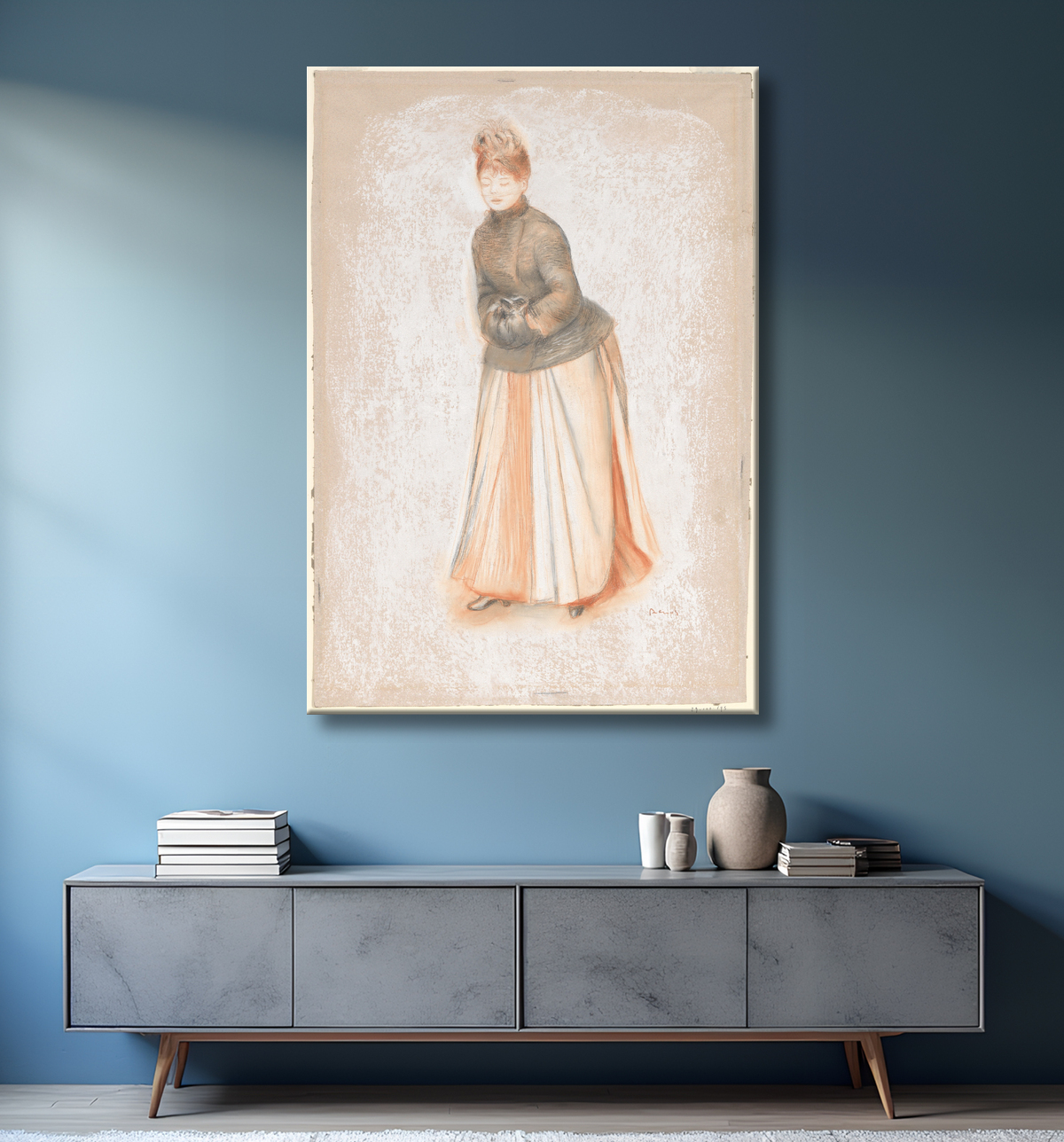 Reproduction Jeune femme avec un manchon de Auguste Renoir avec decor
