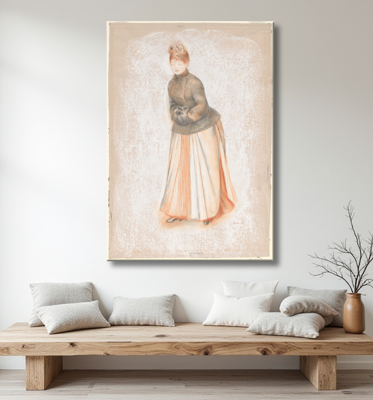 Reproduction Jeune femme avec un manchon de Auguste Renoir avec decor