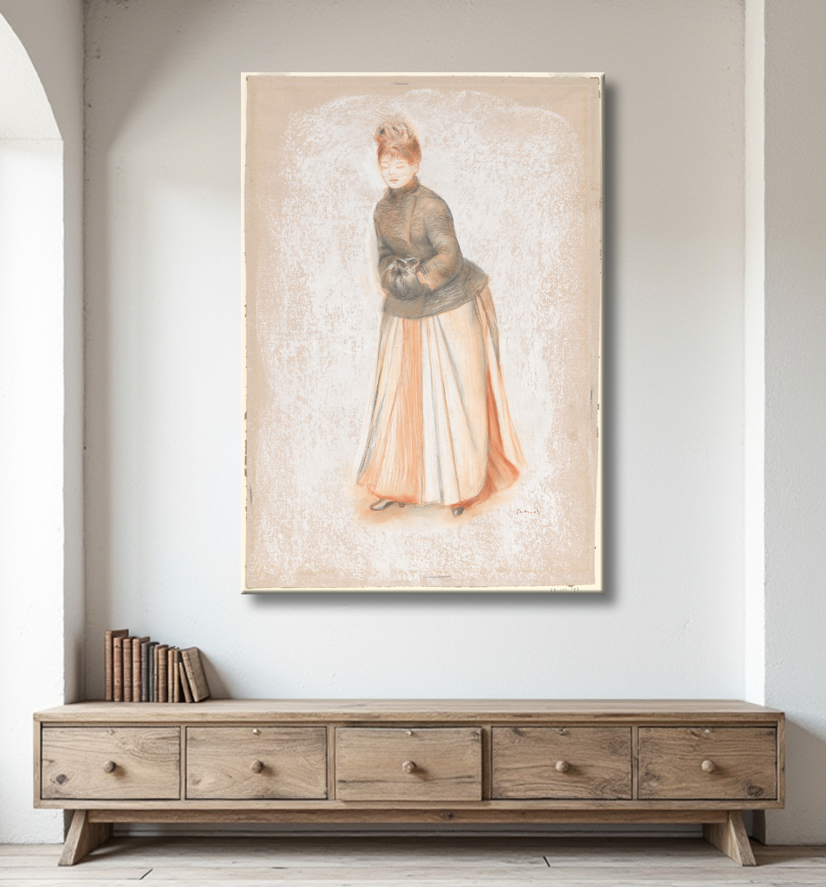 Reproduction Jeune femme avec un manchon de Auguste Renoir avec decor