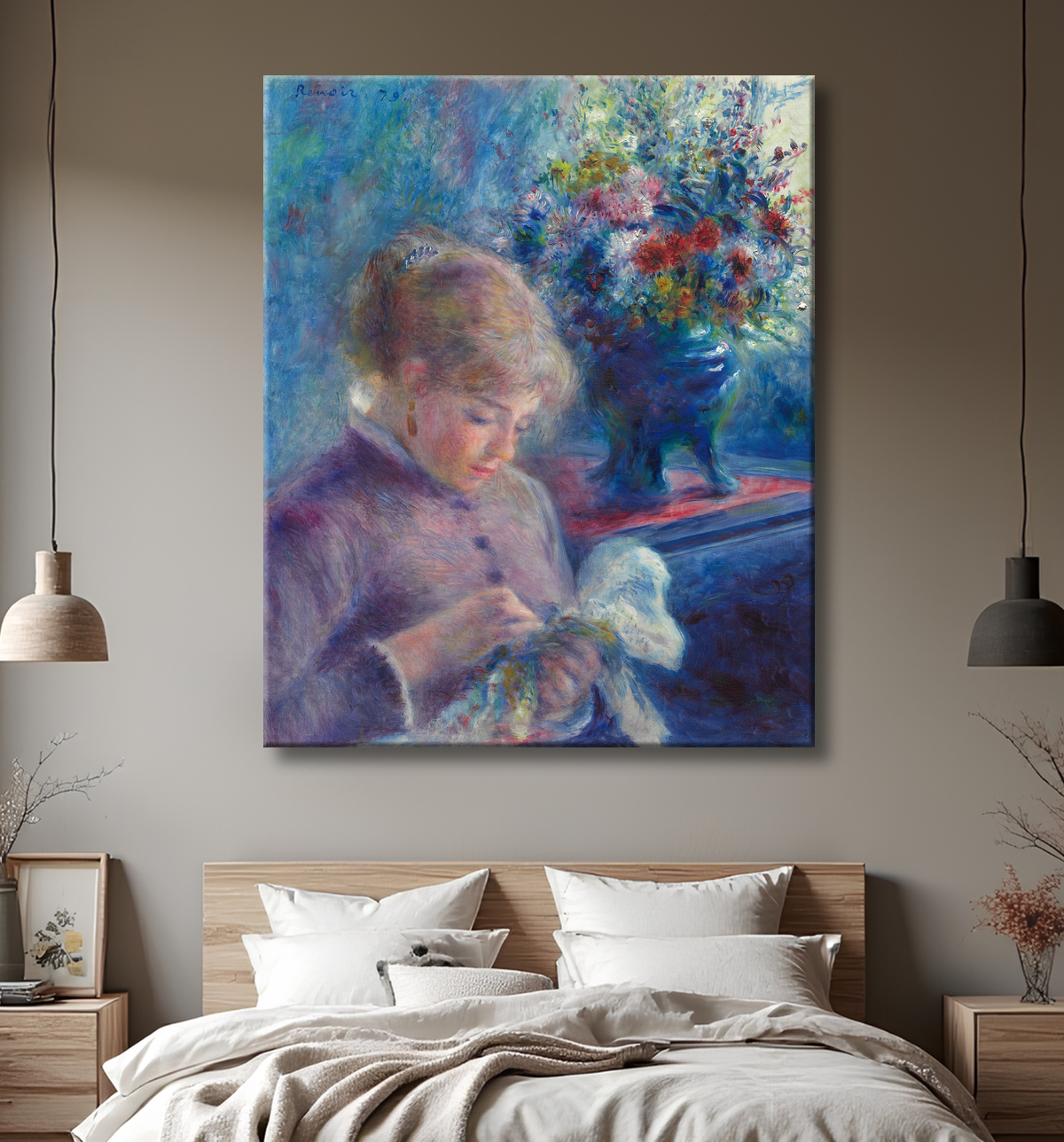 Reproduction jeune femme, couture de Pierre-Auguste Renoir avec decor