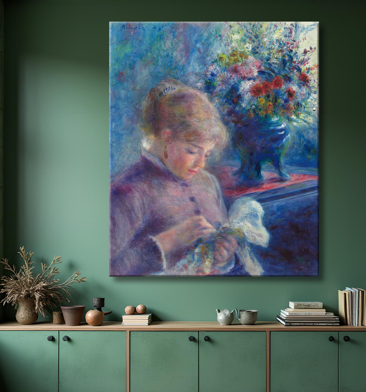Reproduction jeune femme, couture de Pierre-Auguste Renoir avec decor