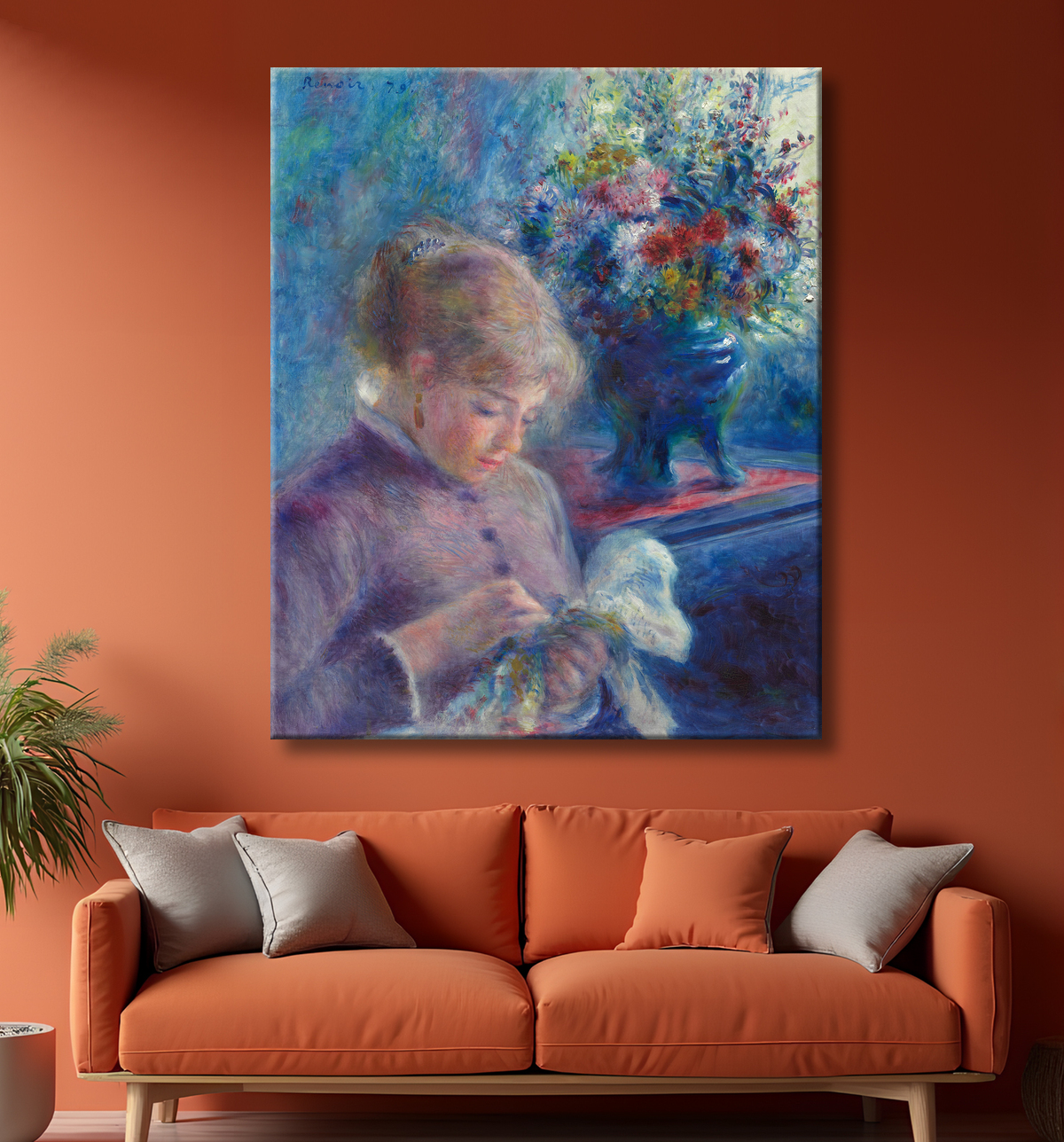 Reproduction jeune femme, couture de Pierre-Auguste Renoir avec decor