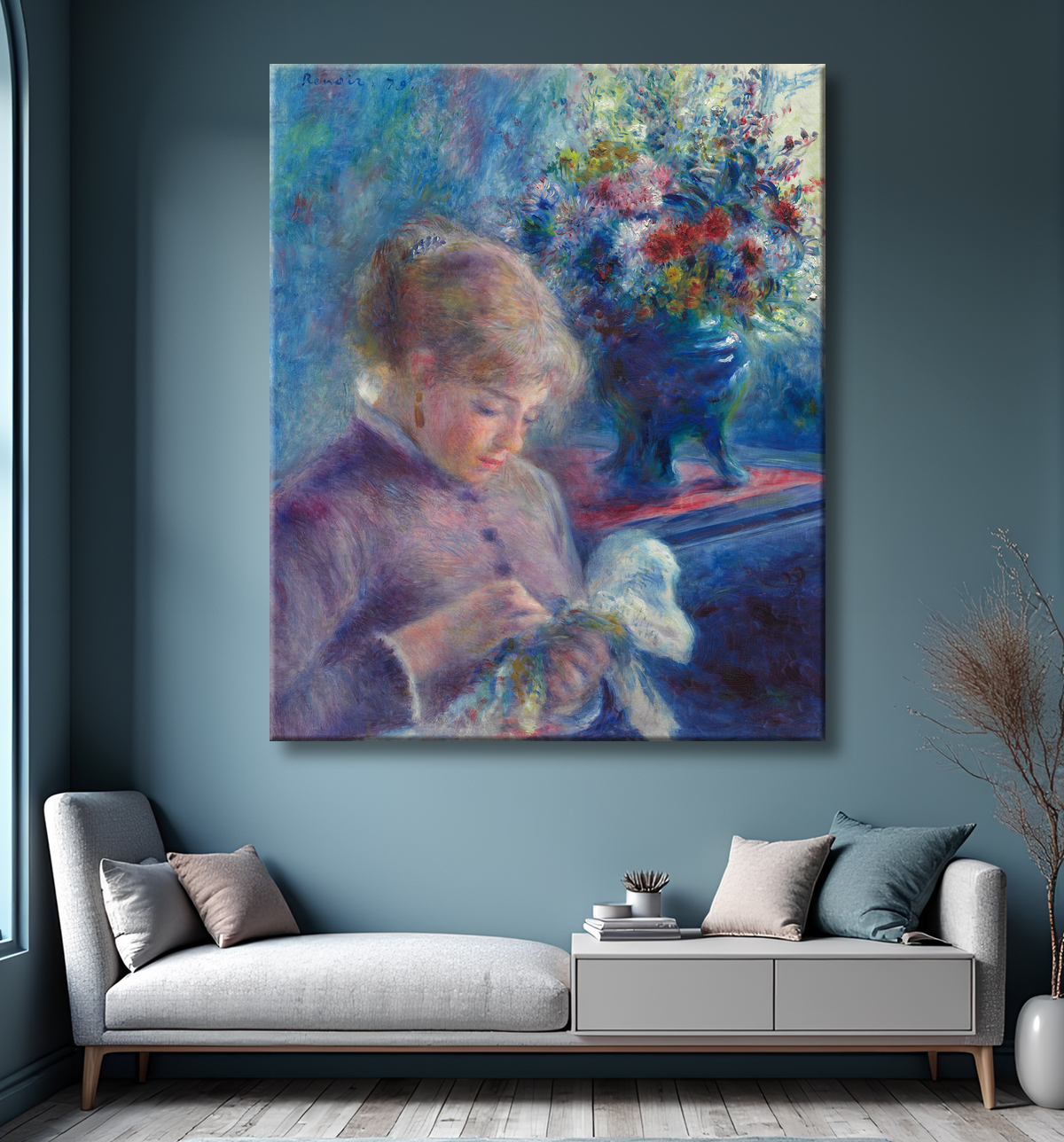 Reproduction jeune femme, couture de Pierre-Auguste Renoir avec decor