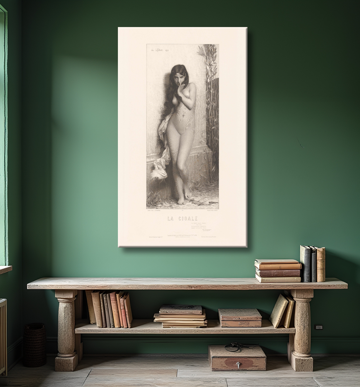 Reproduction Jeune femme nue comme 'La Cigale' de Adolphe Joseph Huot avec decor