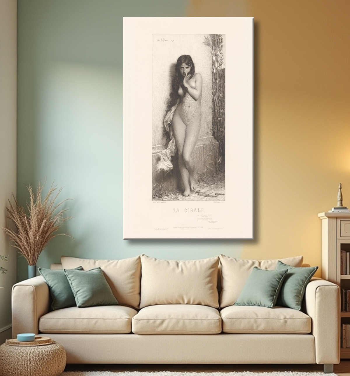 Reproduction Jeune femme nue comme 'La Cigale' de Adolphe Joseph Huot avec decor