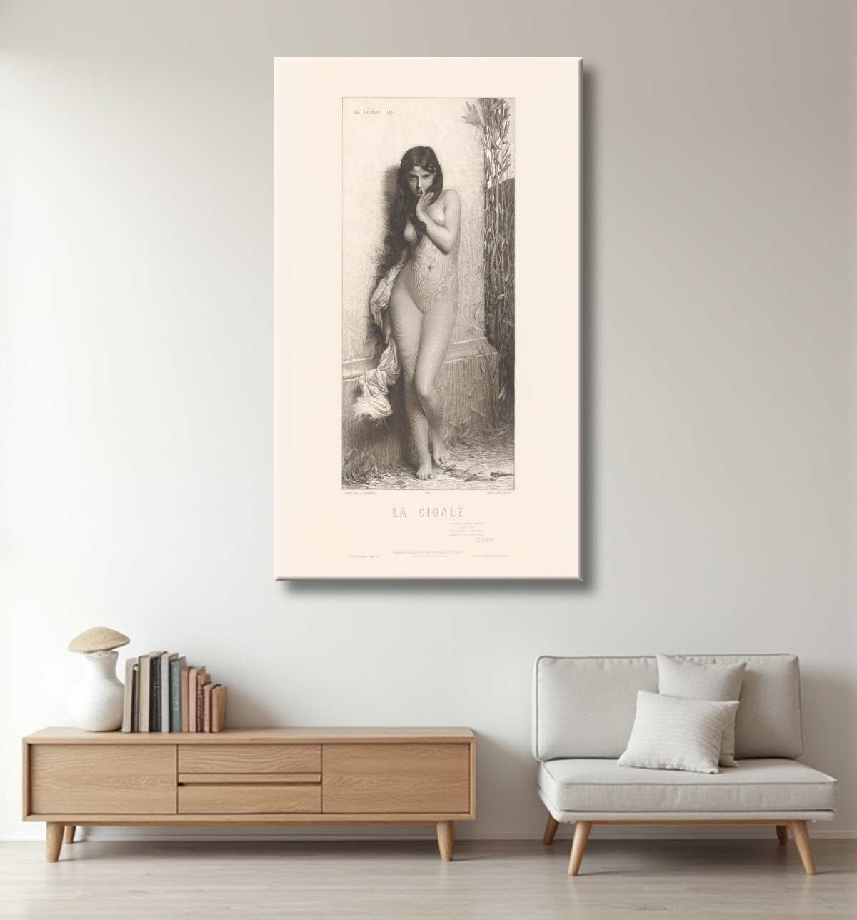 Reproduction Jeune femme nue comme 'La Cigale' de Adolphe Joseph Huot avec decor