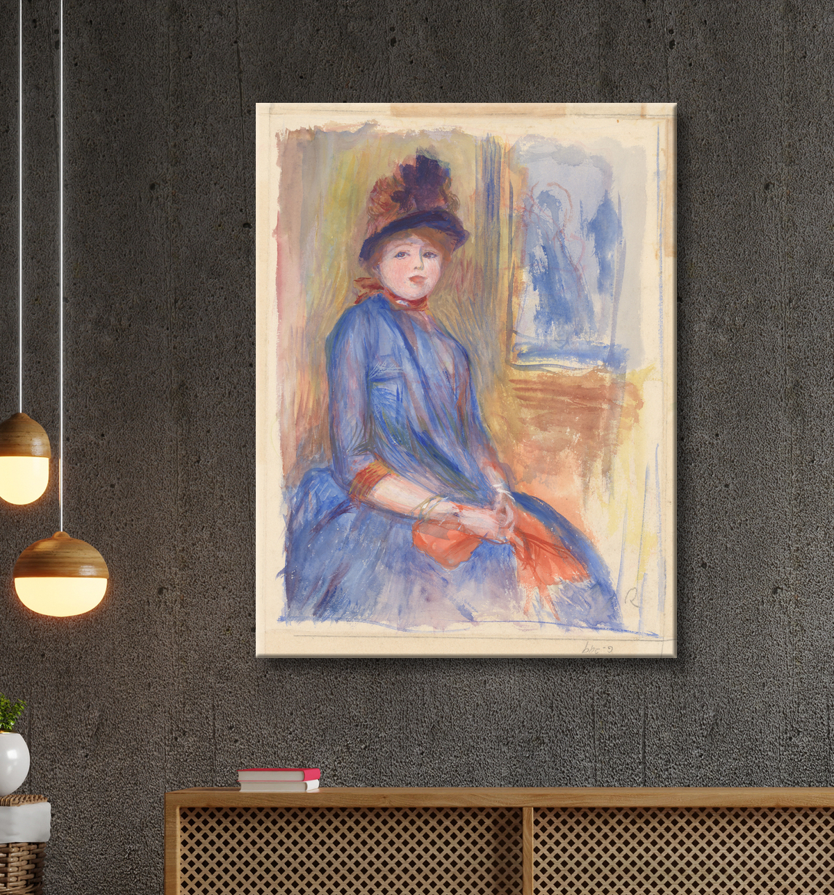 Reproduction Jeune fille en robe bleue de Auguste Renoir avec decor