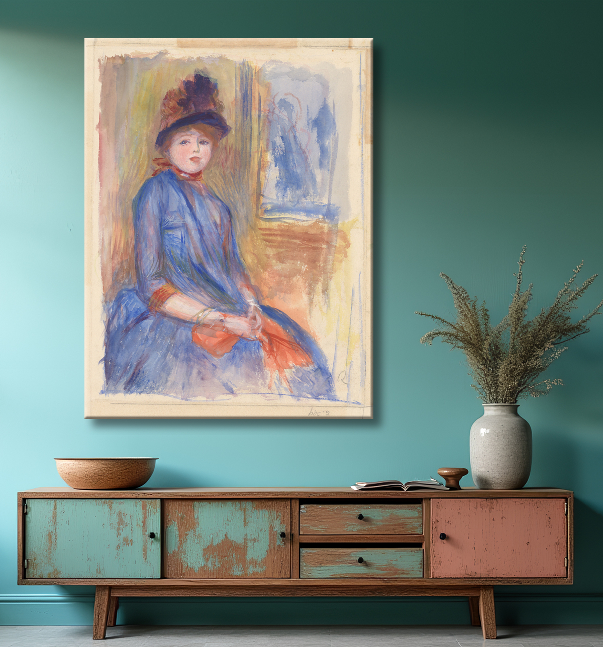 Reproduction Jeune fille en robe bleue de Auguste Renoir avec decor