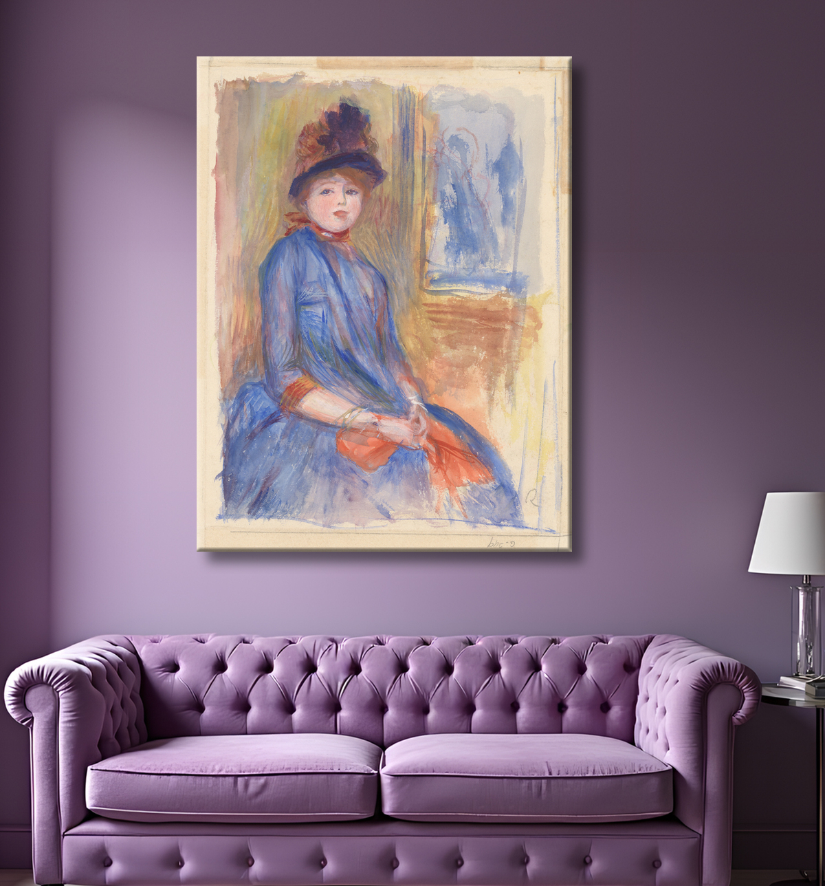 Reproduction Jeune fille en robe bleue de Auguste Renoir avec decor