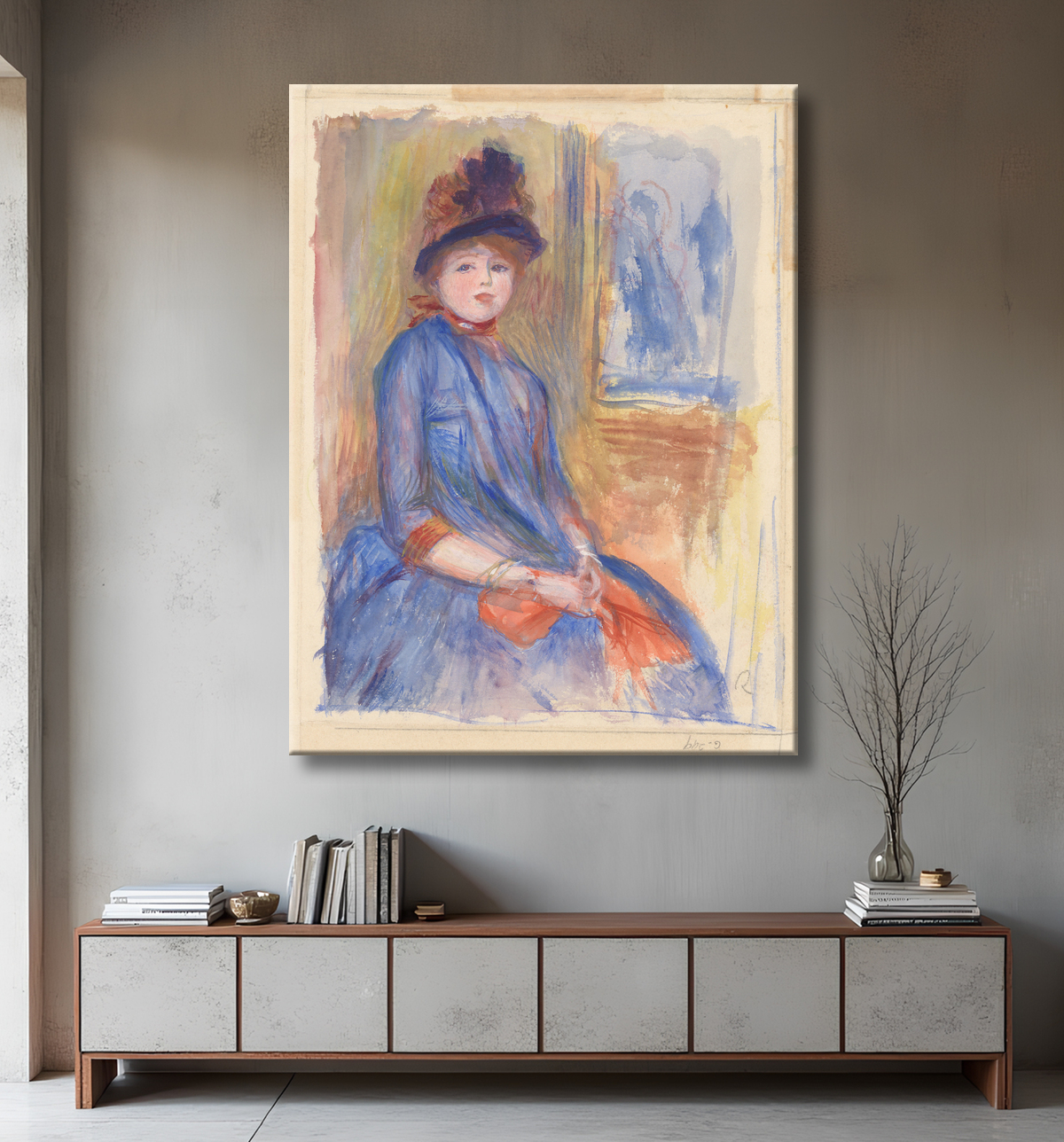 Reproduction Jeune fille en robe bleue de Auguste Renoir avec decor