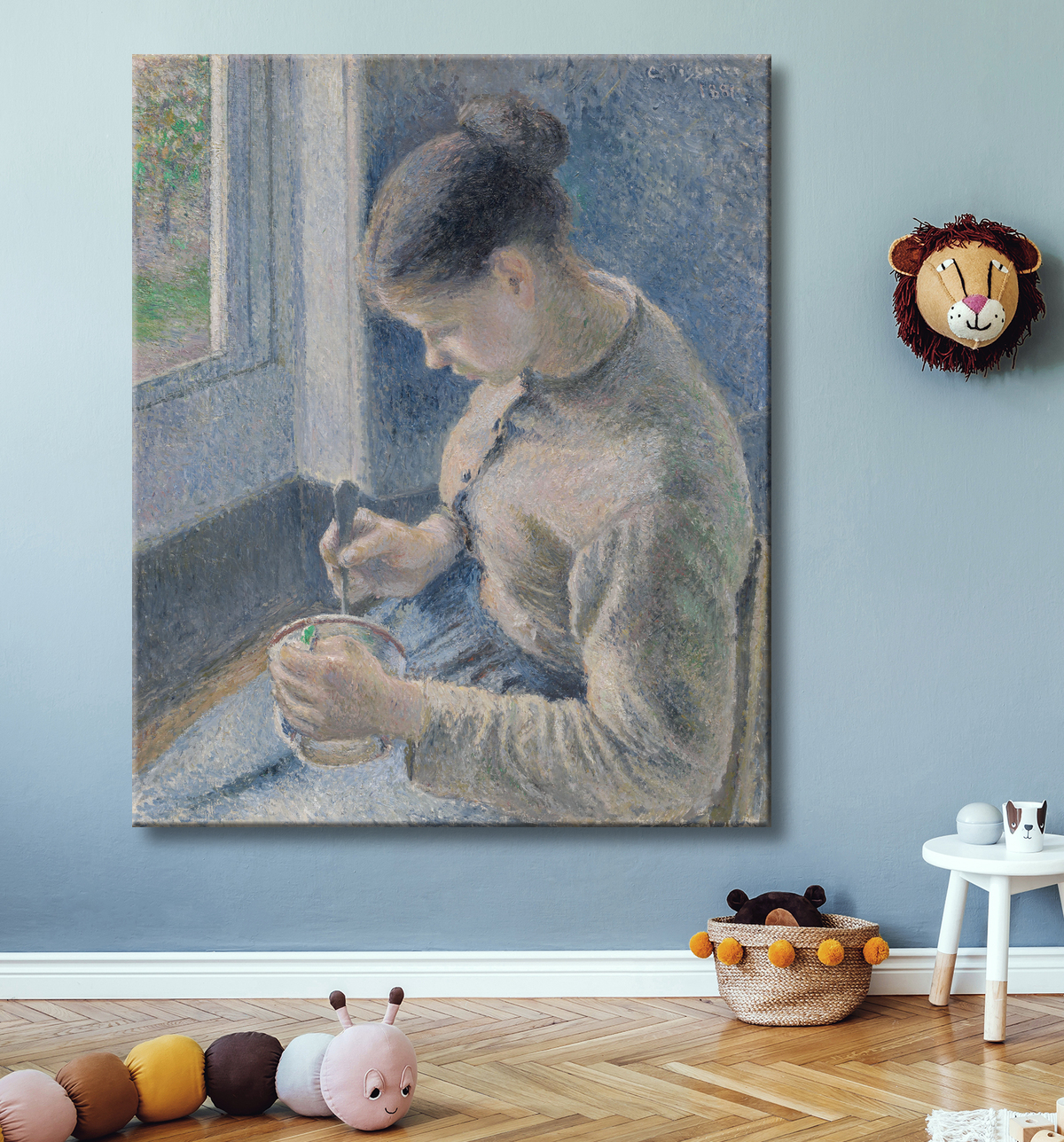 Reproduction Jeune paysanne prenant son café de Camille Pissarro avec decor