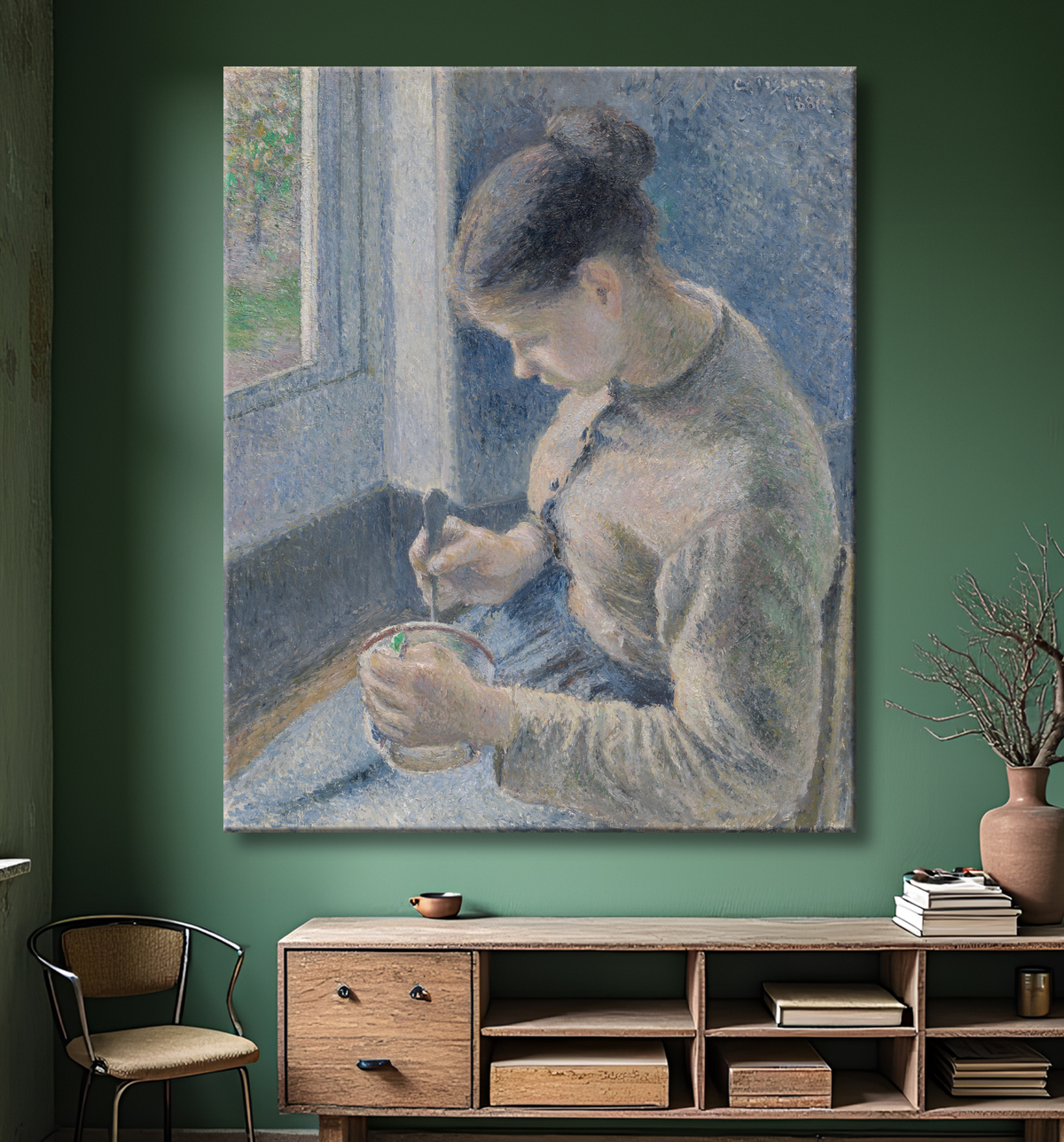 Reproduction Jeune paysanne prenant son café de Camille Pissarro avec decor