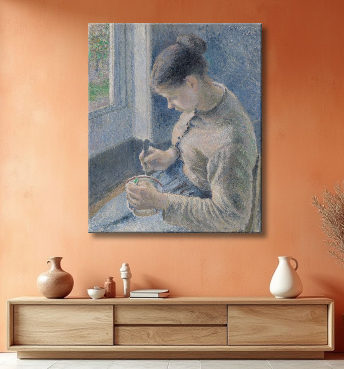Reproduction Jeune paysanne prenant son café de Camille Pissarro avec decor