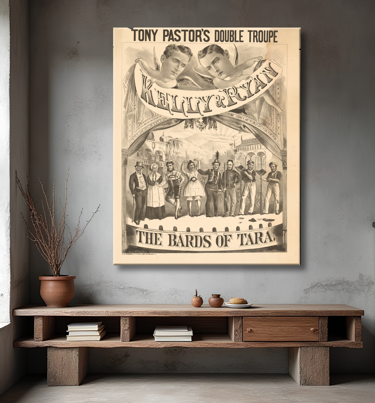 Reproduction John T. Kelly et Thomas J. Ryan de H. A. Thomas Lithography Company, active 1877 - 1887? avec decor