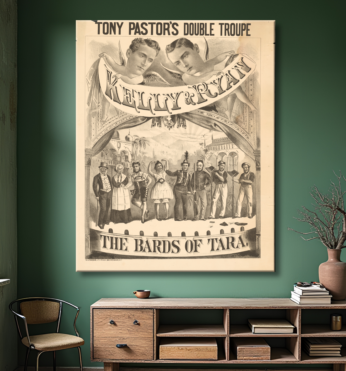 Reproduction John T. Kelly et Thomas J. Ryan de H. A. Thomas Lithography Company, active 1877 - 1887? avec decor