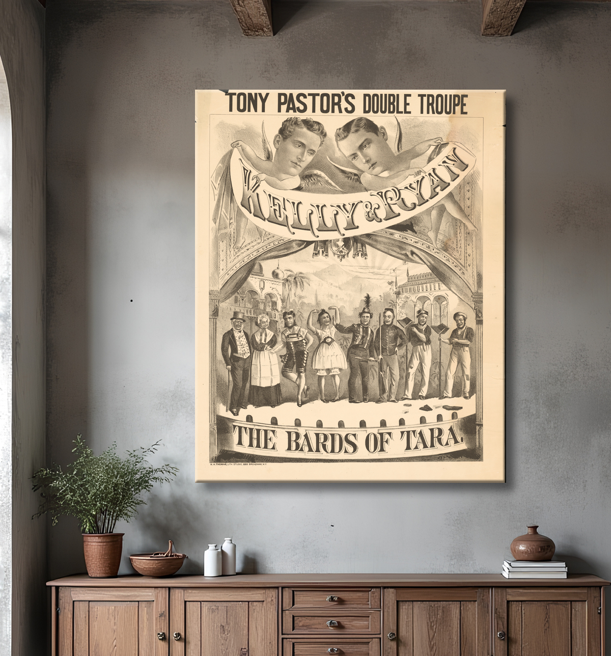 Reproduction John T. Kelly et Thomas J. Ryan de H. A. Thomas Lithography Company, active 1877 - 1887? avec decor