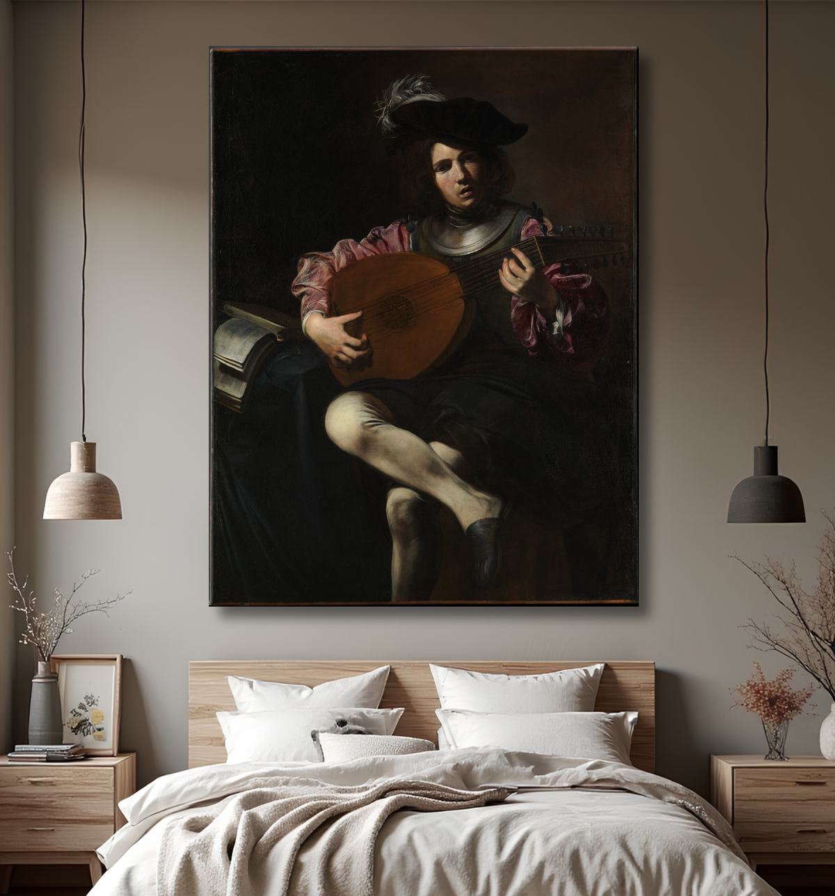 Reproduction Joueur de luth de Valentin de Boulogne avec decor
