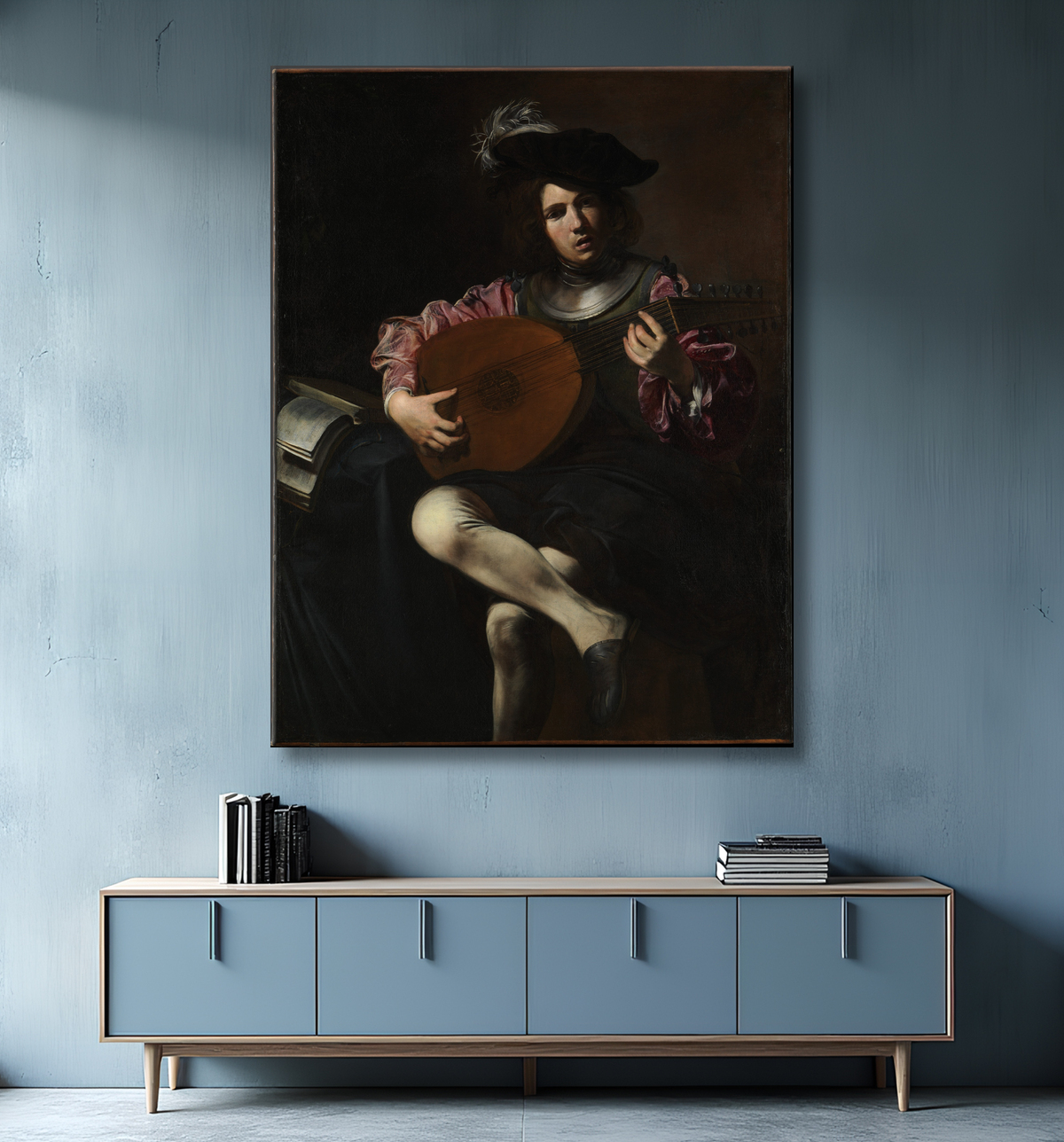 Reproduction Joueur de luth de Valentin de Boulogne avec decor