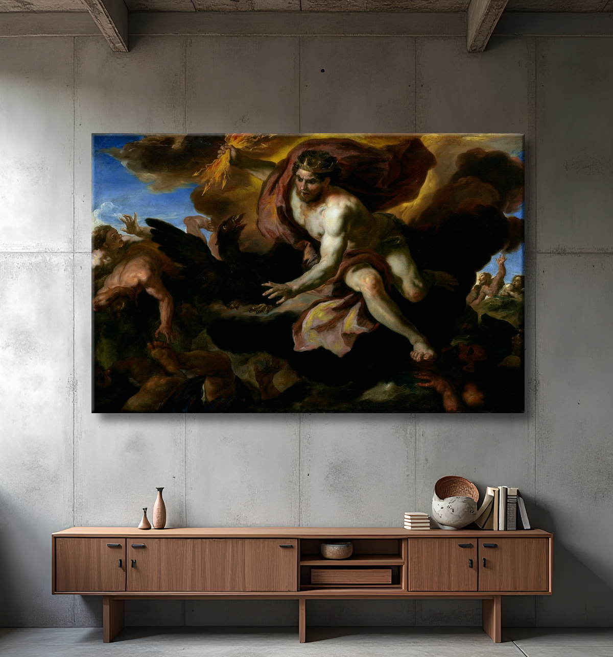 Reproduction Jove jette ses foudres sur les géants rebelles de Johann Michael Rottmayr avec decor