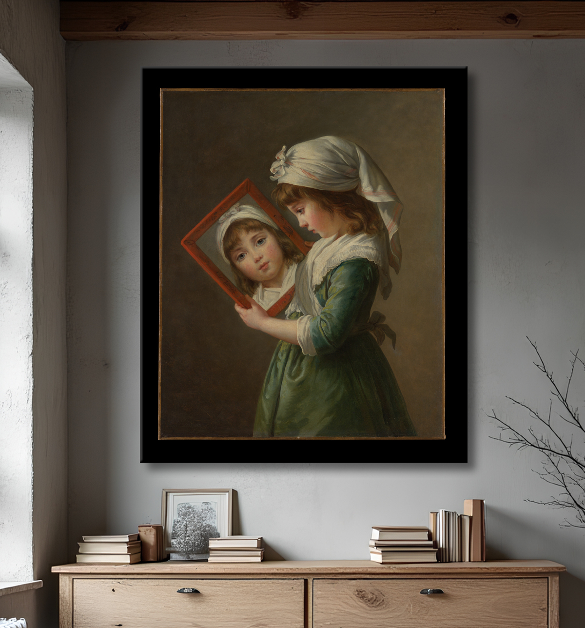 Reproduction Julie Le Brun (1780-1819) se regardant dans un miroir de Elisabeth Louise Vigée Le Brun avec decor