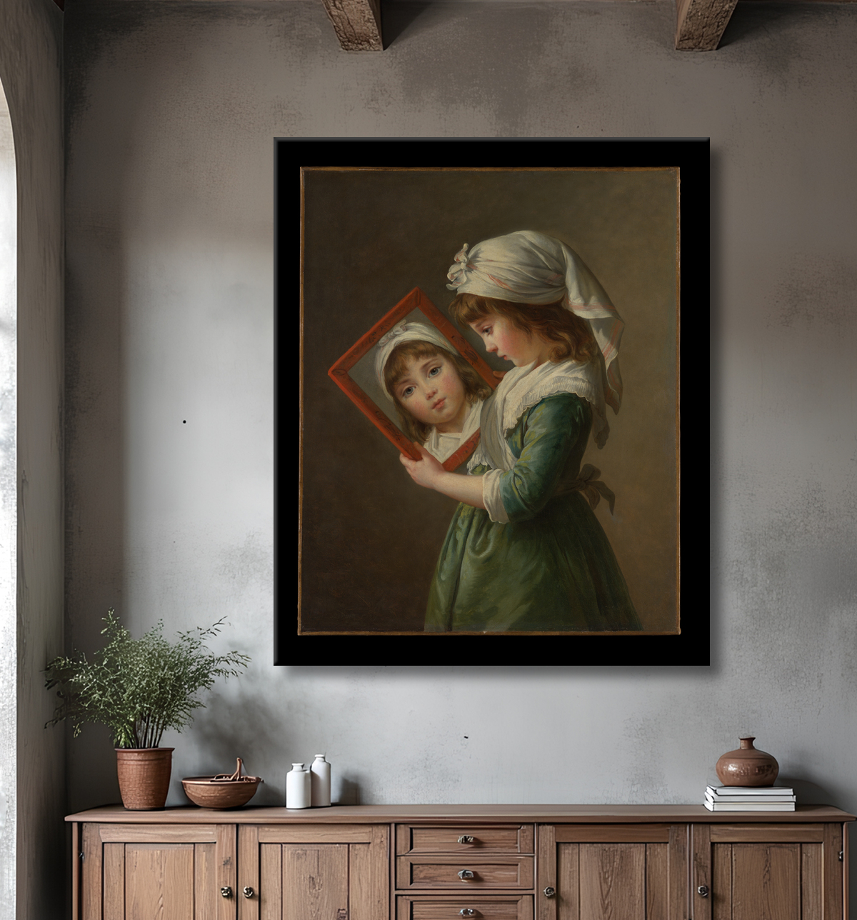 Reproduction Julie Le Brun (1780-1819) se regardant dans un miroir de Elisabeth Louise Vigée Le Brun avec decor