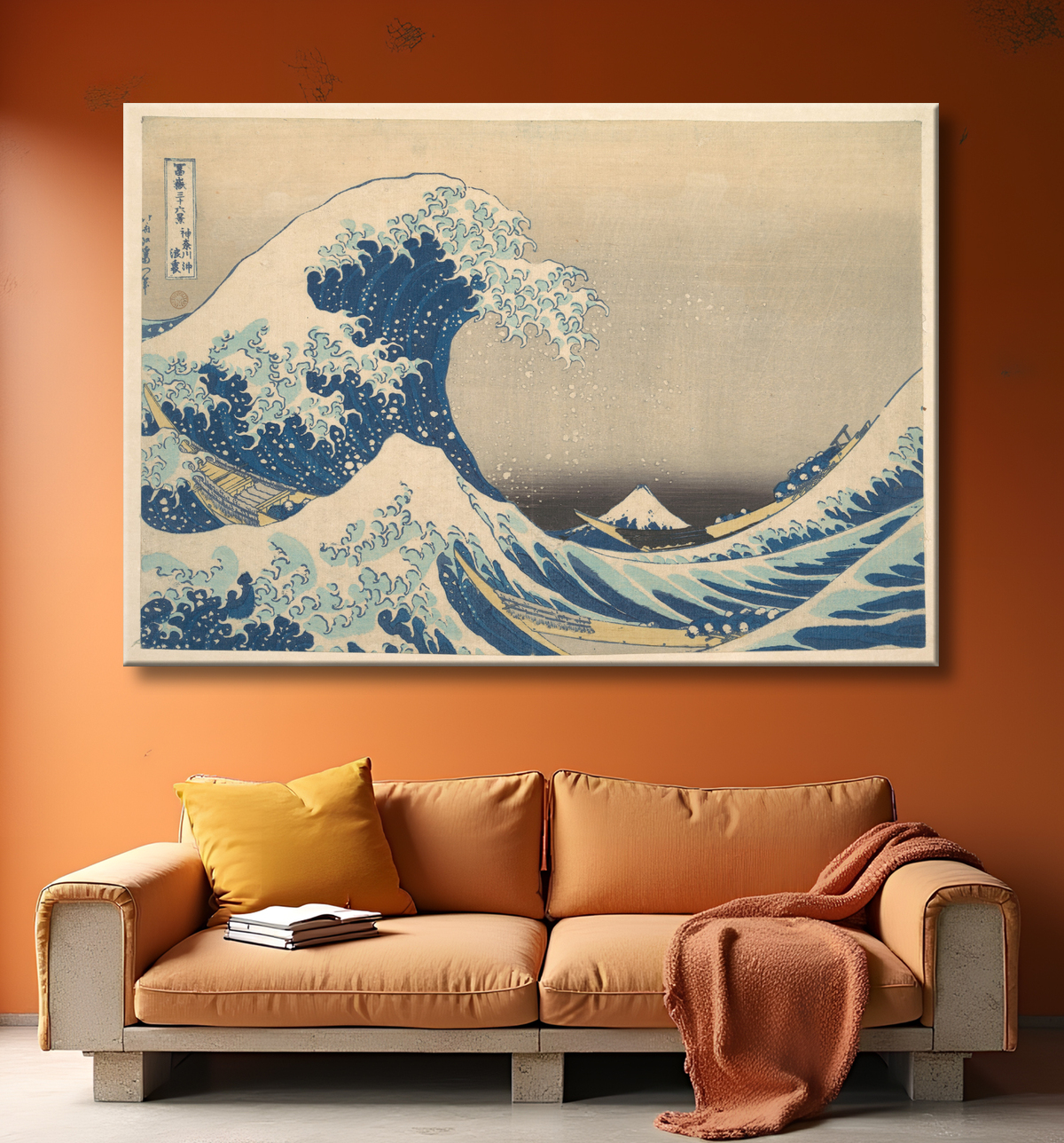 Reproduction Sous la vague au large de Kanagawa (Kanagawa oki nami ura), également connue sous le nom de La Grande Vague, de la série Trente-six vues du mont Fuji (Fugaku sanjūrokkei) de Katsushika Hokusai avec decor