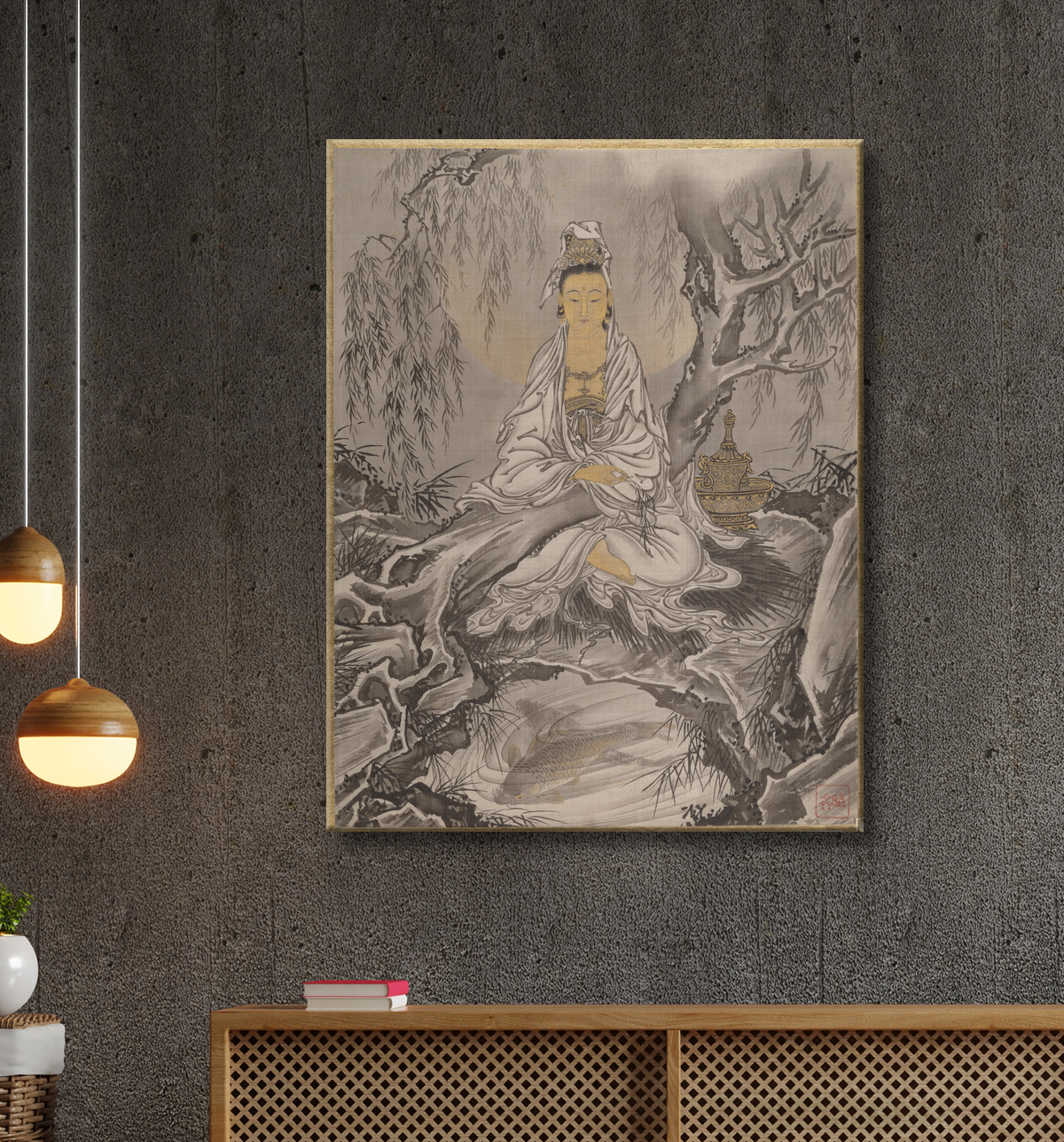 Reproduction Kannon en robe blanche de Kawanabe Kyōsai 河鍋暁斎 avec decor