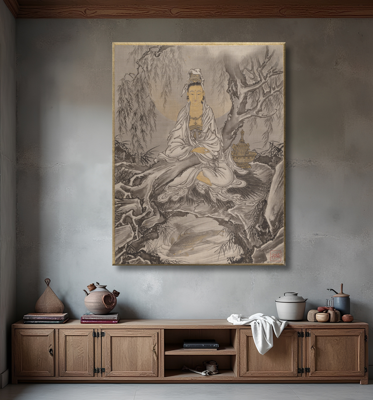 Reproduction Kannon en robe blanche de Kawanabe Kyōsai 河鍋暁斎 avec decor