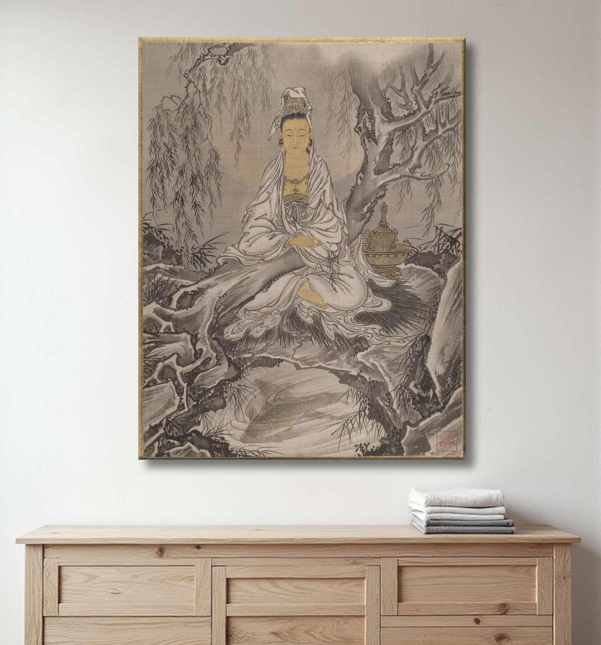 Reproduction Kannon en robe blanche de Kawanabe Kyōsai 河鍋暁斎 avec decor