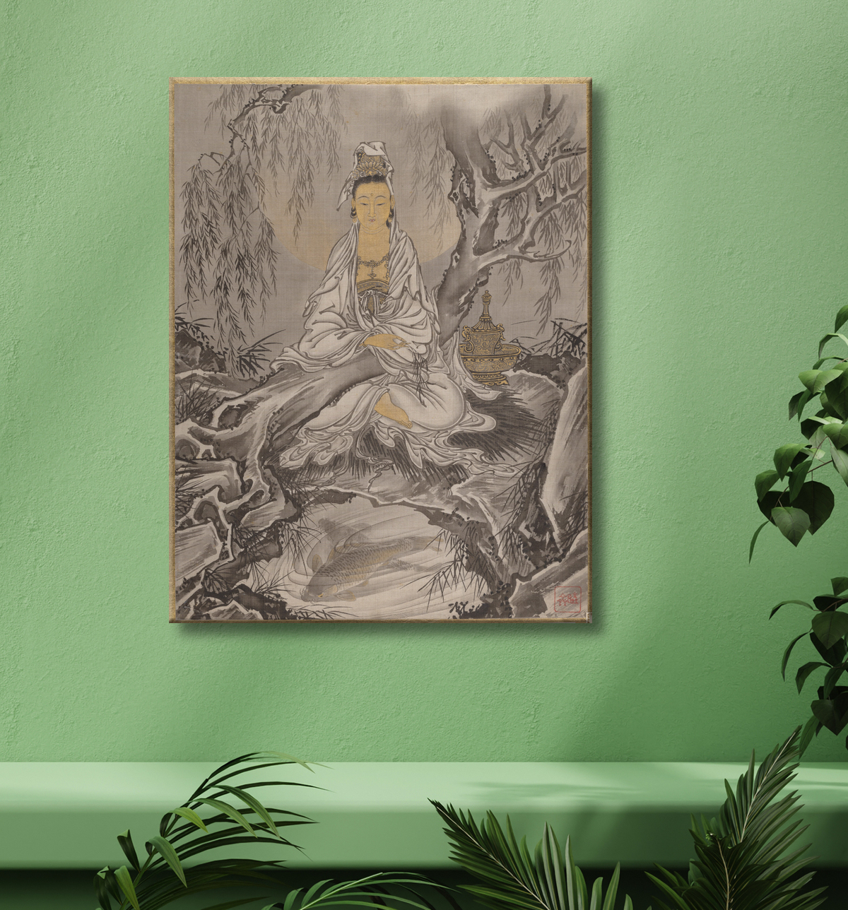 Reproduction Kannon en robe blanche de Kawanabe Kyōsai 河鍋暁斎 avec decor