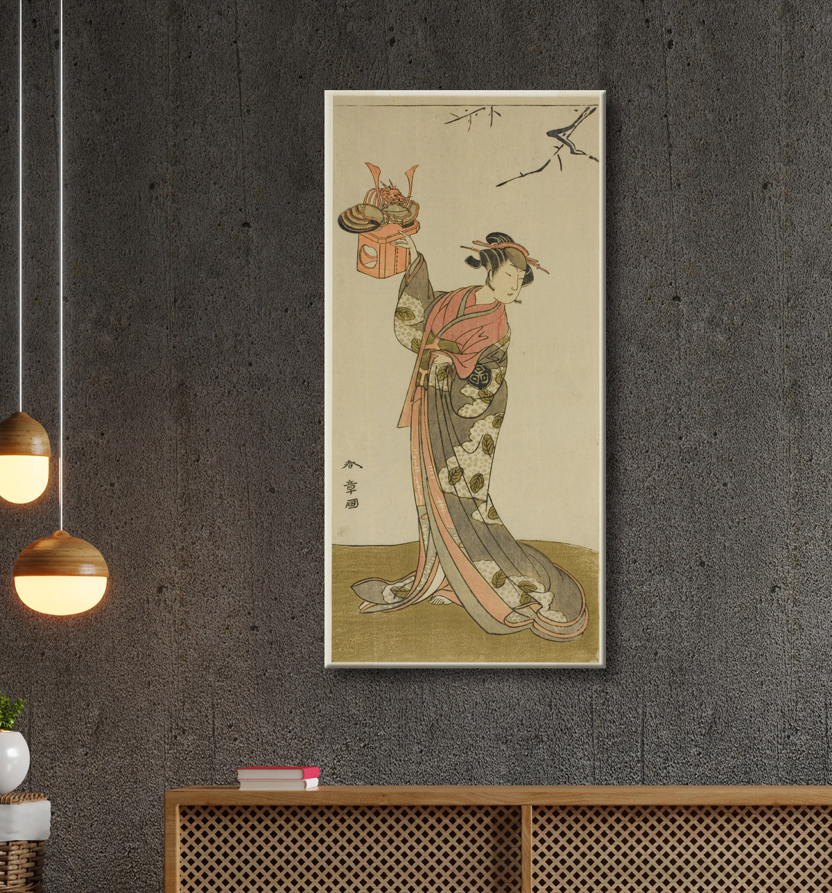 Reproduction L'acteur Arashi Hinaji I en tant que Hananoi dans la pièce Gosho-zakura Horikawa Youchi, jouée au théâtre Ichimura au quatrième mois, 1773 de Katsukawa Shunsho avec decor
