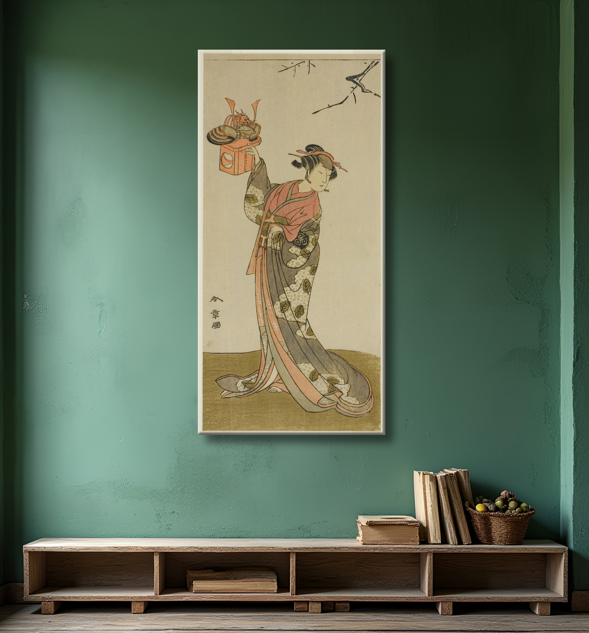 Reproduction L'acteur Arashi Hinaji I en tant que Hananoi dans la pièce Gosho-zakura Horikawa Youchi, jouée au théâtre Ichimura au quatrième mois, 1773 de Katsukawa Shunsho avec decor
