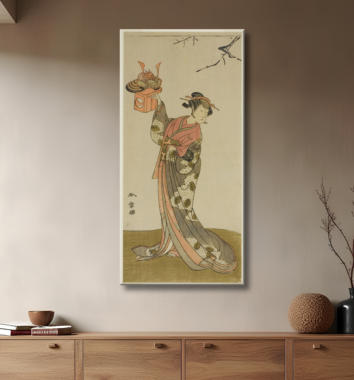 Reproduction L'acteur Arashi Hinaji I en tant que Hananoi dans la pièce Gosho-zakura Horikawa Youchi, jouée au théâtre Ichimura au quatrième mois, 1773 de Katsukawa Shunsho avec decor