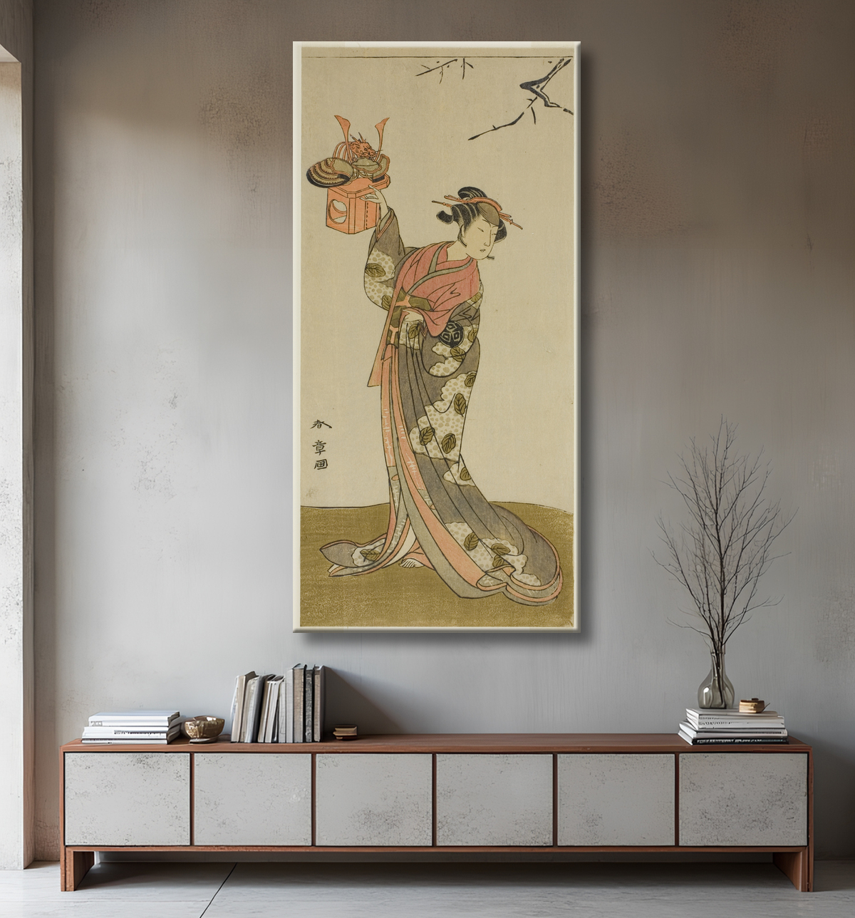 Reproduction L'acteur Arashi Hinaji I en tant que Hananoi dans la pièce Gosho-zakura Horikawa Youchi, jouée au théâtre Ichimura au quatrième mois, 1773 de Katsukawa Shunsho avec decor