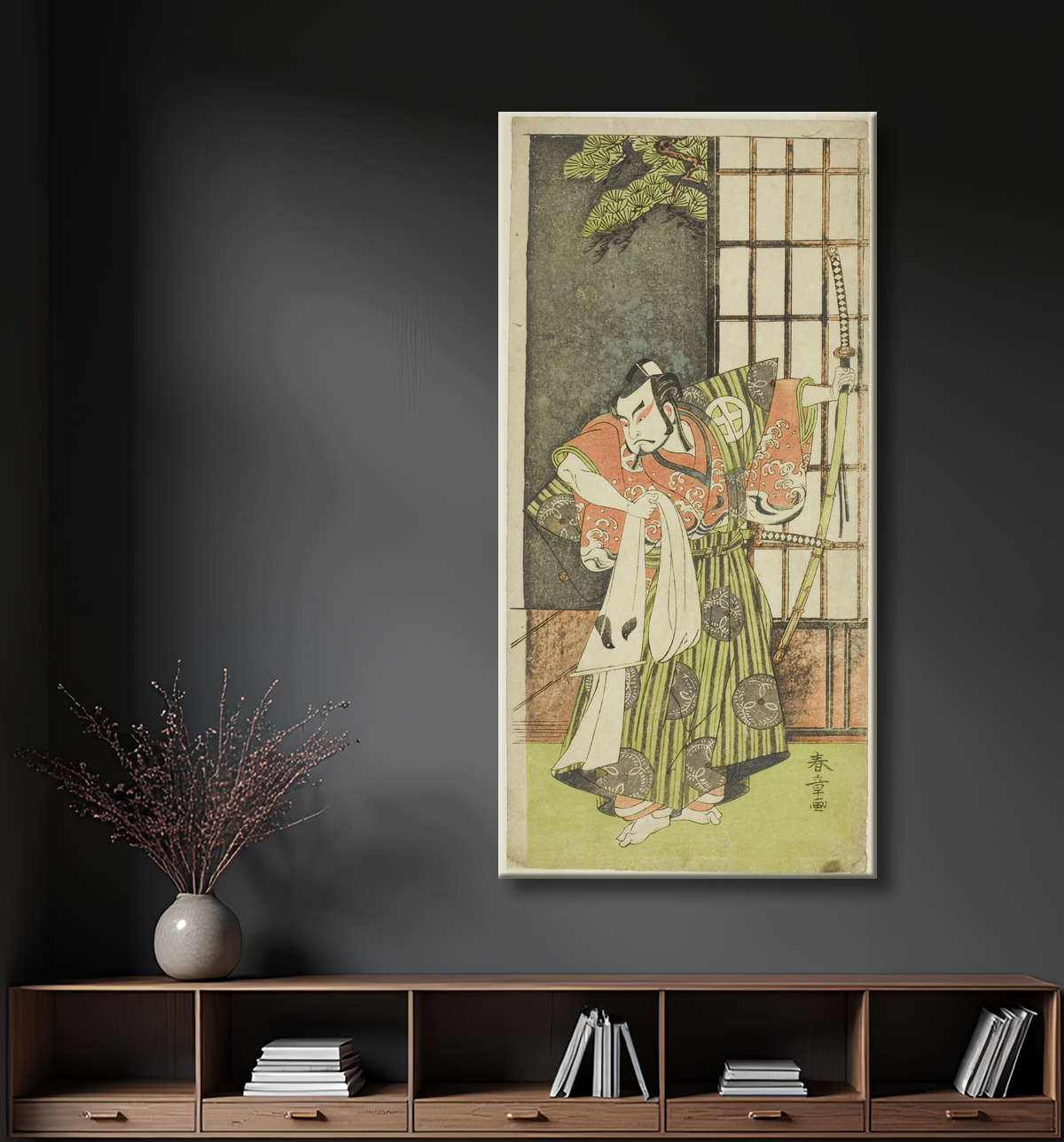 Reproduction L'acteur Otani Hiroji III dans le rôle de Kawazu no Saburo dans la pièce Myoto-giku Izu no Kisewata, jouée au théâtre Ichimura le onzième mois, 1770 de Katsukawa Shunsho avec decor