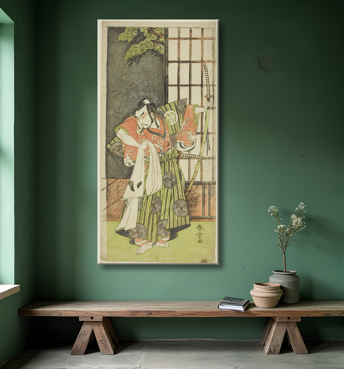 Reproduction L'acteur Otani Hiroji III dans le rôle de Kawazu no Saburo dans la pièce Myoto-giku Izu no Kisewata, jouée au théâtre Ichimura le onzième mois, 1770 de Katsukawa Shunsho avec decor