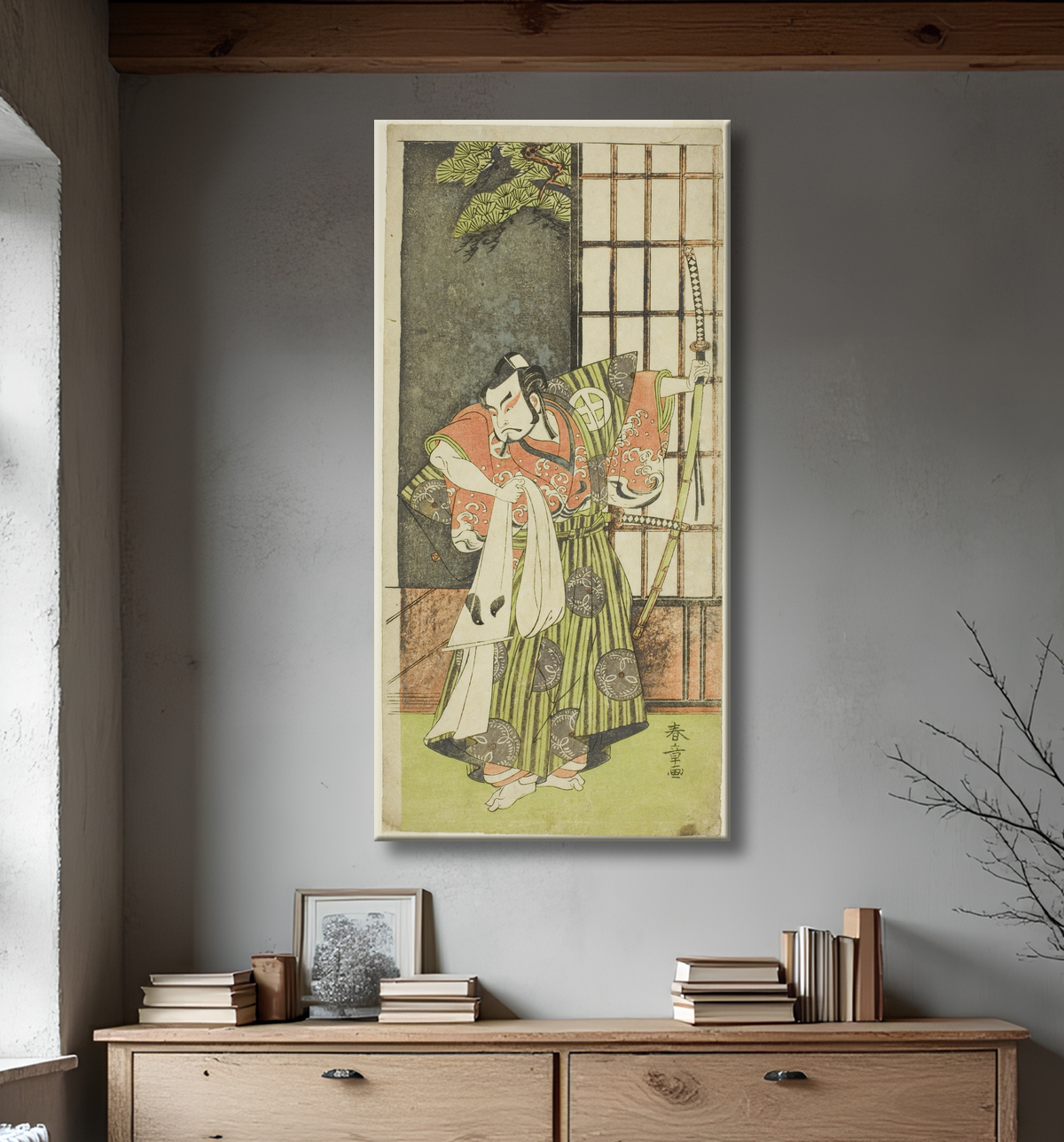 Reproduction L'acteur Otani Hiroji III dans le rôle de Kawazu no Saburo dans la pièce Myoto-giku Izu no Kisewata, jouée au théâtre Ichimura le onzième mois, 1770 de Katsukawa Shunsho avec decor
